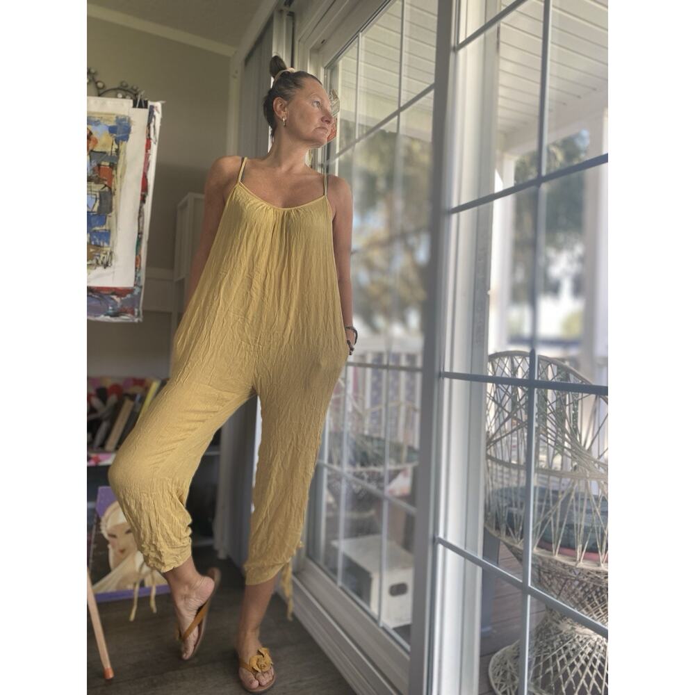 ETAM Loose Cotton Bohemian-Style Wide-Leg Romper Jumpsuit Mustard Yellow S/M